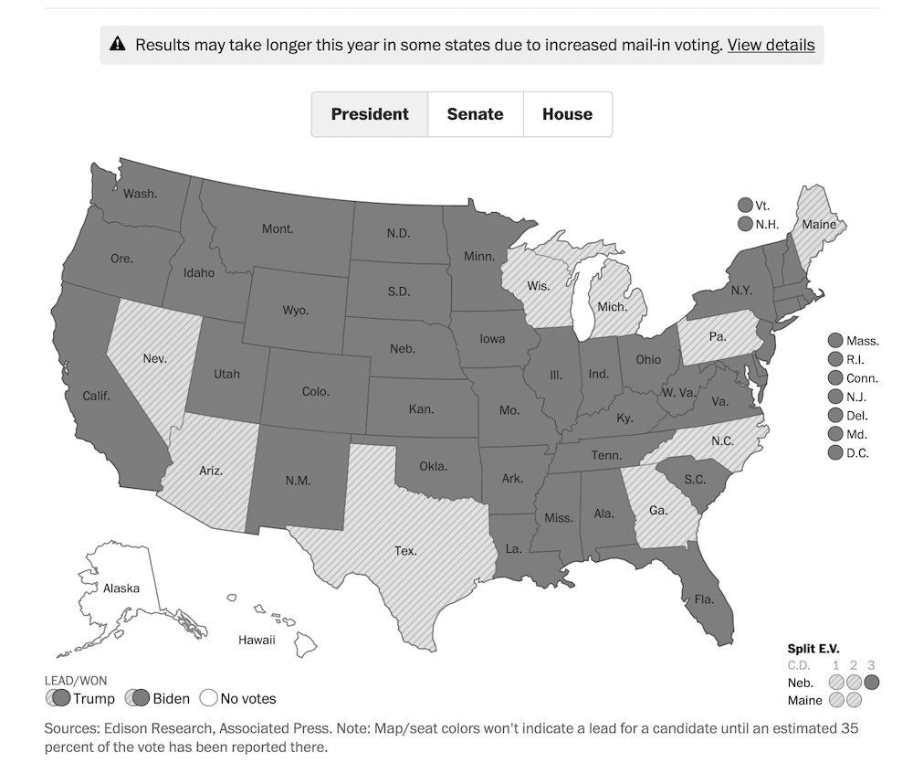The Washington Postの選挙速報の結果地図