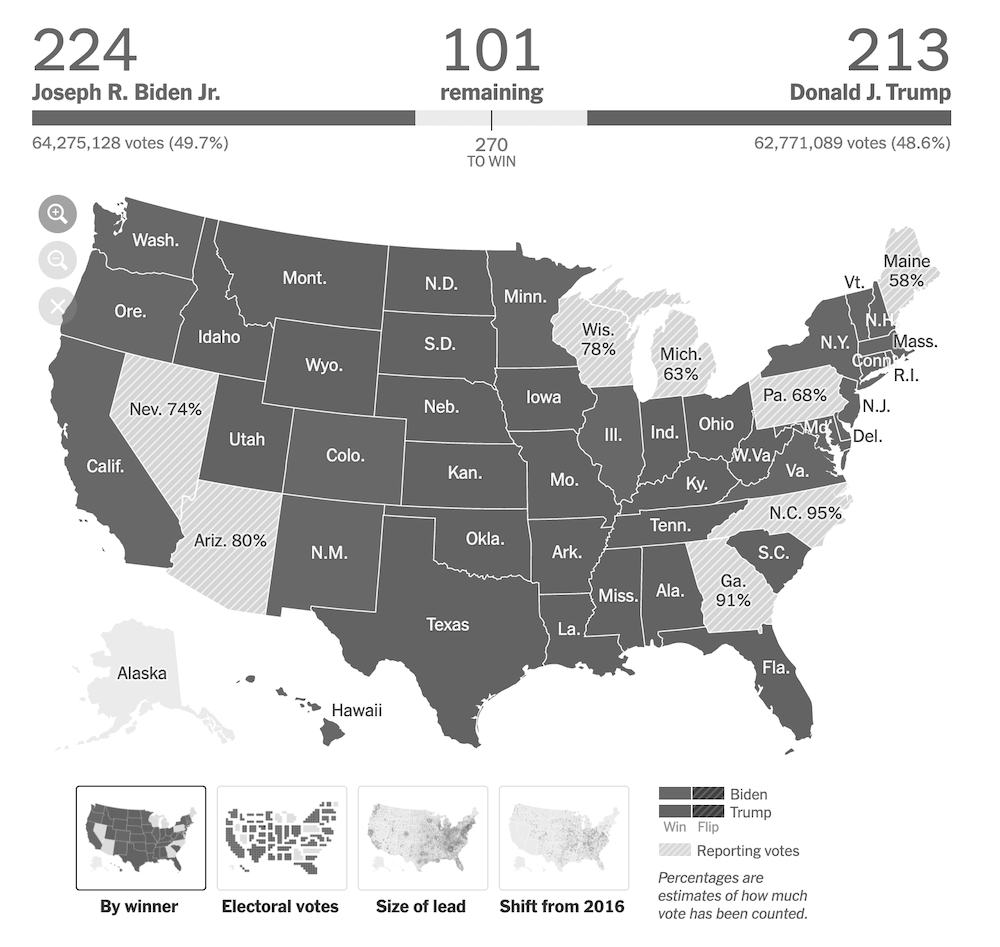 The New York Timesの選挙速報の結果地図
