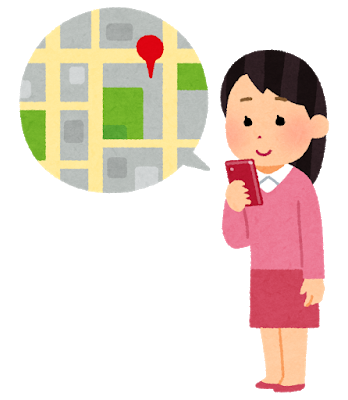 女性がスマートフォンのマップアプリで住所の確認をしているイラスト