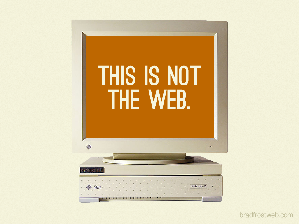 古いPCが一つ、ありディスプレイの中に This is not web の映されている