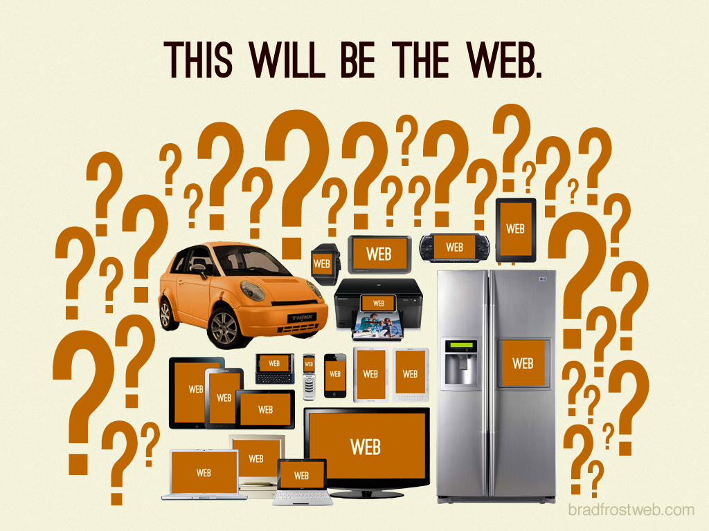 This will be the web. PC、スマートフォンだけでなく、車や時計、プリンタ、ゲーム機、冷蔵庫にディスプレイがあり「Web」の文字が映されている。またさらにそのまわりを「？」が囲んでいる